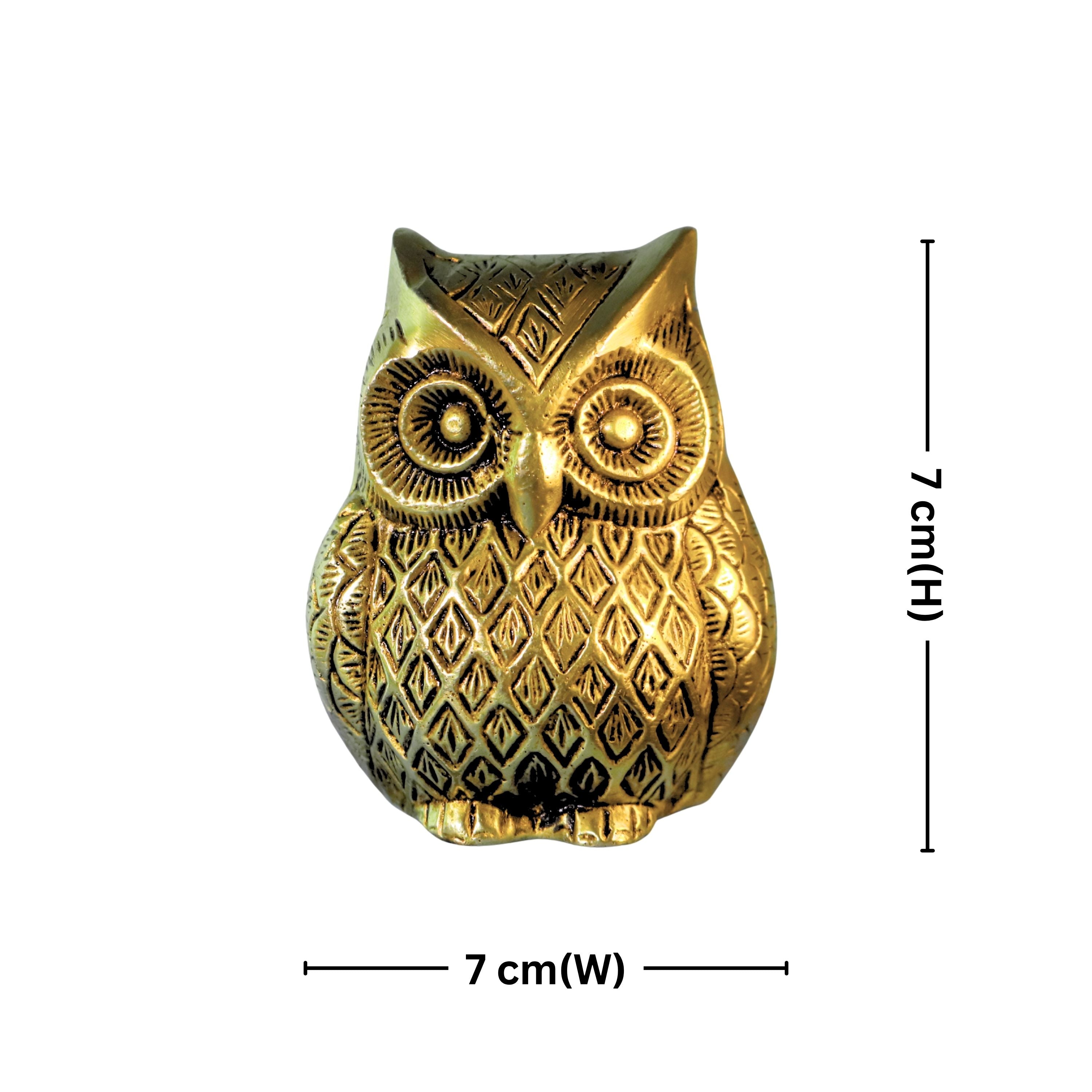 Brass Owl Figurine – 7 cm | Sitting Position with Carved Detailing | Antique Golden Finish | Handcrafted Decor for Temple, Home & Table