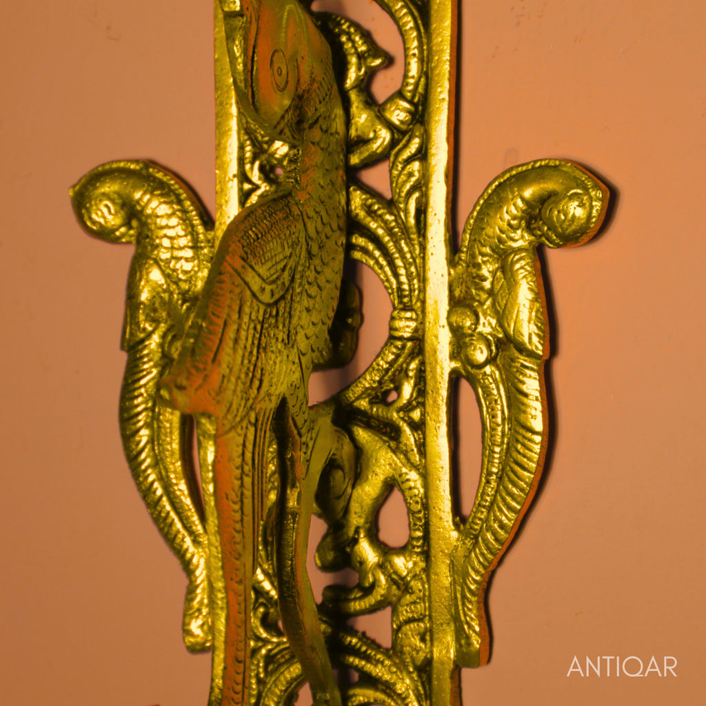 Brass Parrot Wall Hanging – 24 cm | Ethnic Design in Antique Golden Finish | Handcrafted Decor for Temple, Home & Wall