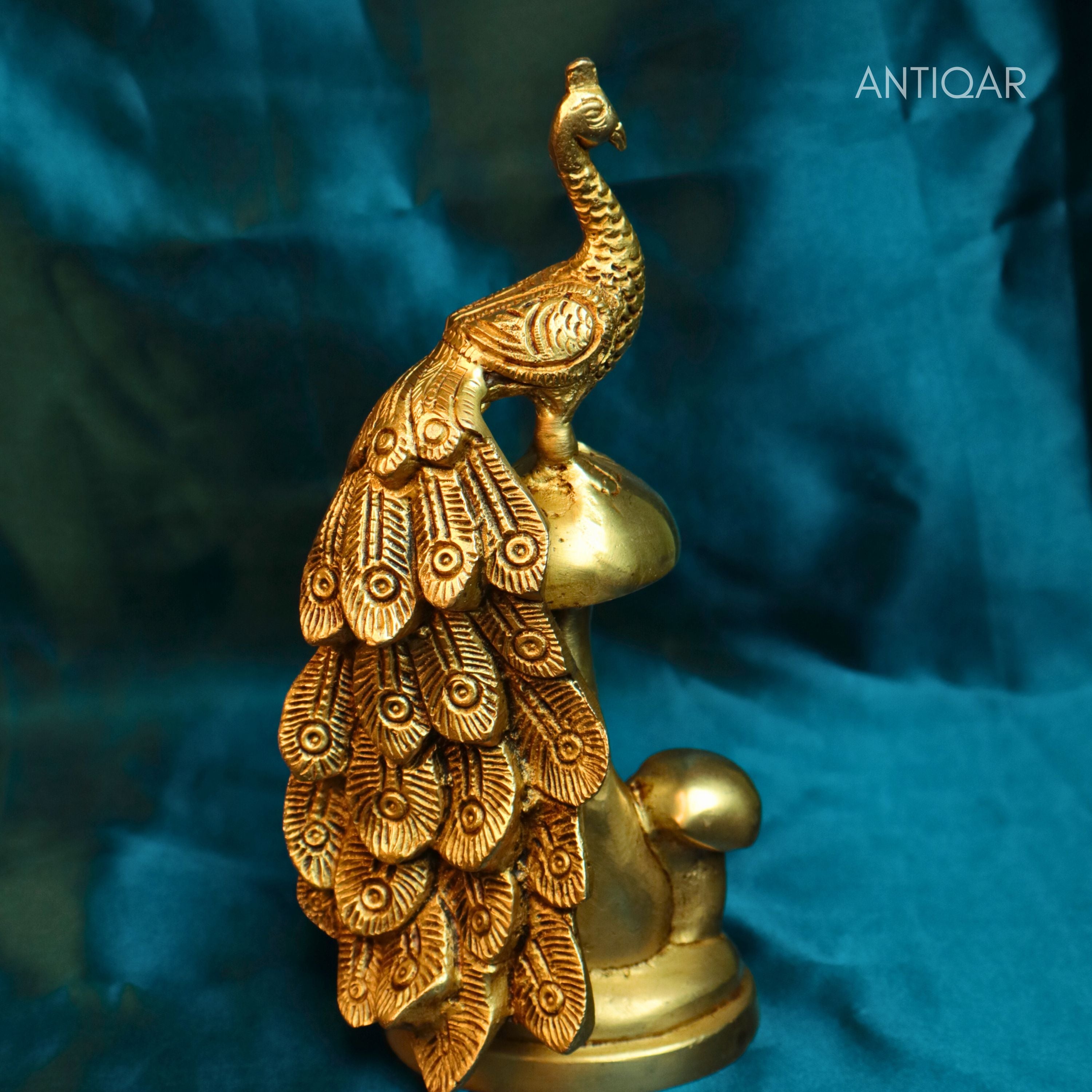Brass Peacock Showpiece – 21 cm | Sitting on Mushroom | Antique Golden Finish | Handcrafted Decor for Temple, Table & Home