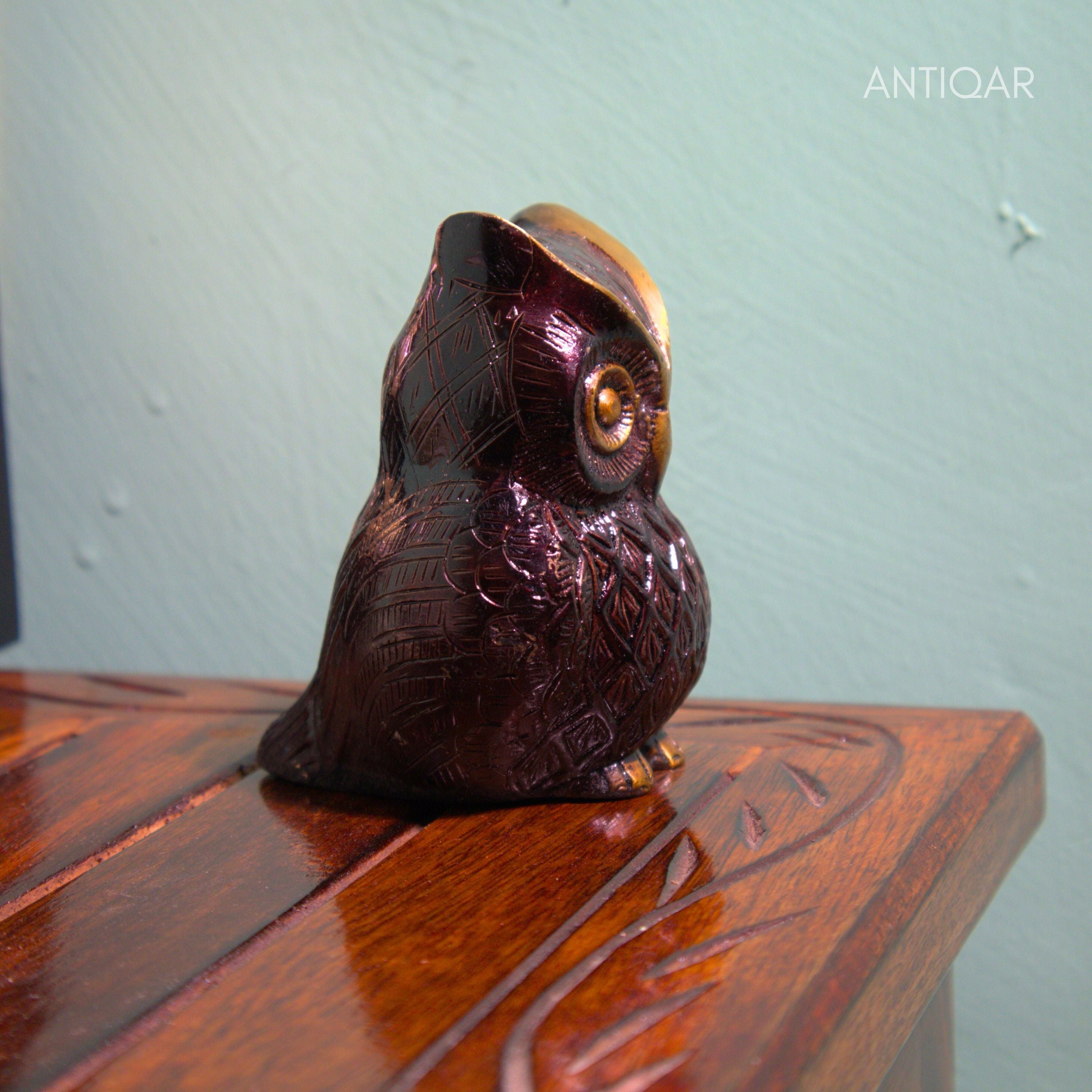 Brass Owl Figurine – 7 cm | Brown Antique Finish | Handcrafted Showpiece for Home, Temple & Table Decor