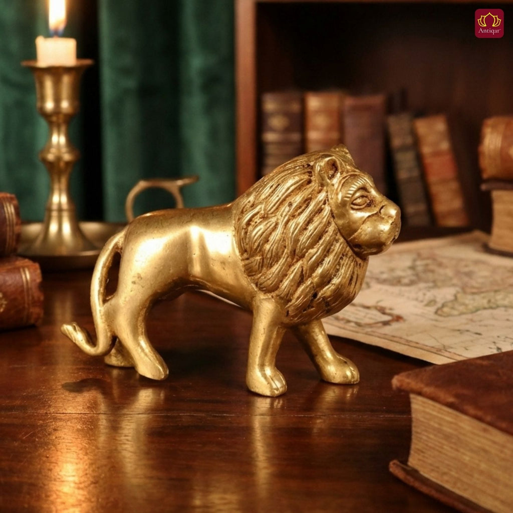 Brass Lion Showpiece – 8 cm | Walking Pose in Antique Golden Finish | Handcrafted Decor for Temple, Home & Table