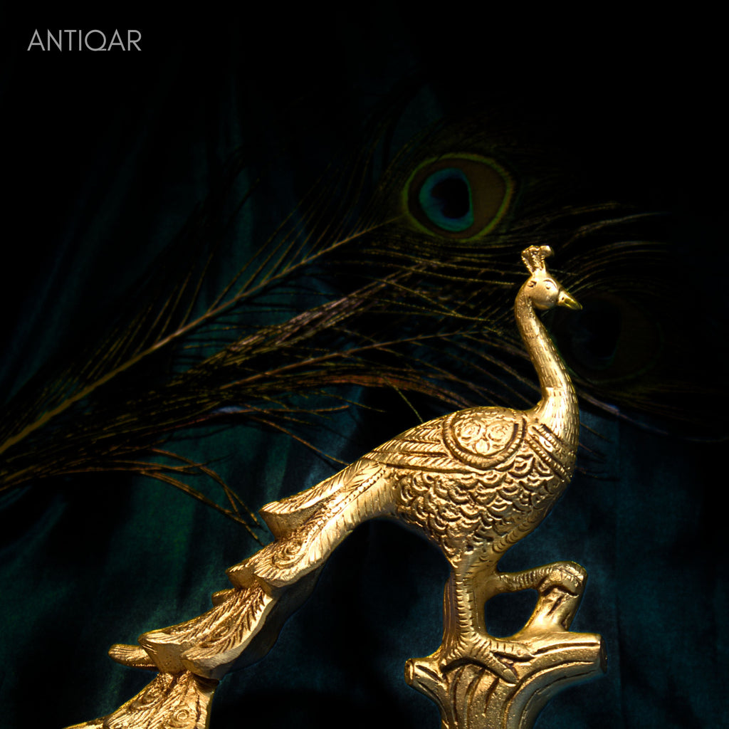 Brass Peacock Showpiece – 21 cm | Sitting on Tree Trunk Design | Antique Golden Finish | Handcrafted Decor for Temple, Home & Table
