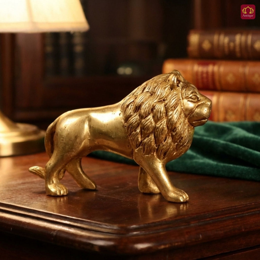 Brass Lion Showpiece – 8 cm | Walking Pose in Antique Golden Finish | Handcrafted Decor for Temple, Home & Table