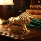Brass Lion Showpiece – 8 cm | Walking Pose in Antique Golden Finish | Handcrafted Decor for Temple, Home & Table