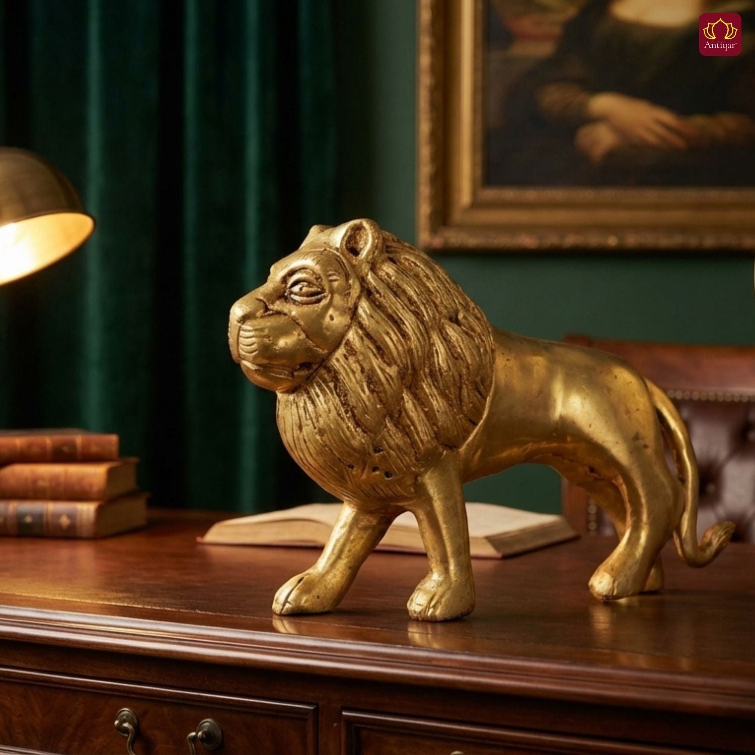 Brass Lion Showpiece – 8 cm | Walking Pose in Antique Golden Finish | Handcrafted Decor for Temple, Home & Table