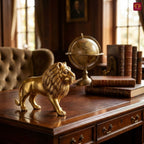 Brass Lion Showpiece – 8 cm | Walking Pose in Antique Golden Finish | Handcrafted Decor for Temple, Home & Table