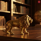 Brass Lion Showpiece – 8 cm | Walking Pose in Antique Golden Finish | Handcrafted Decor for Temple, Home & Table
