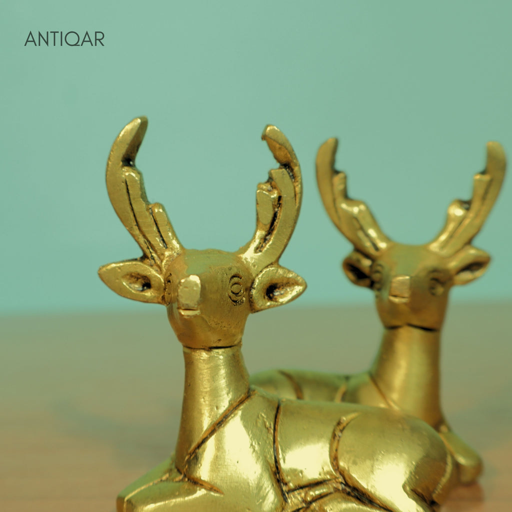 Brass Deer Showpiece Pair – 6 cm | Sitting Position with Antique Golden Finish | Handcrafted Decorative Figurines for Temple, Home & Car Dashboard