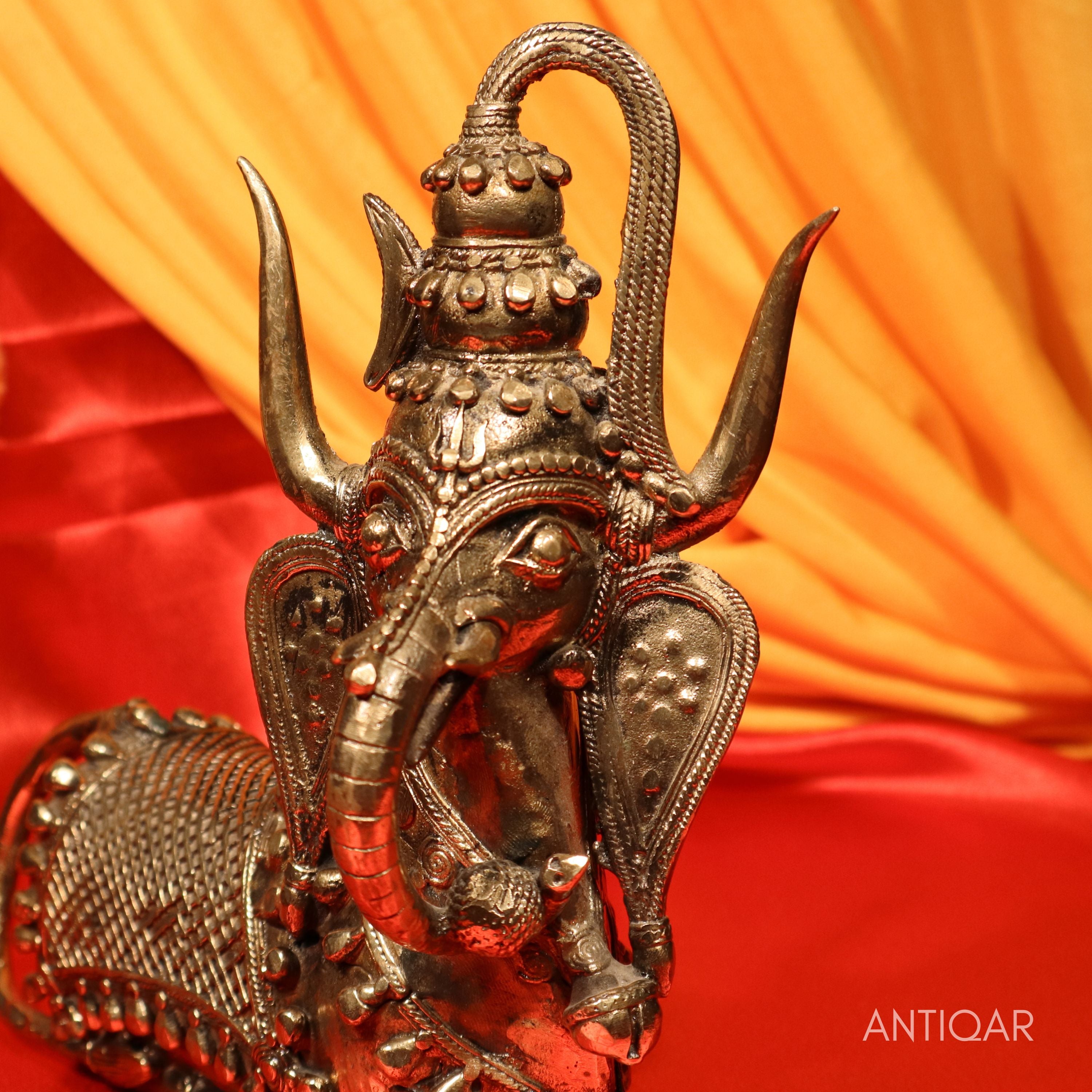 "Dhokra Art Brass Nandi – 32 cm | Standing Pose with Ganesha Face & Trishul on Head | Antique Finish Tribal Handcrafted Showpiece for Temple, Home & Table Decor  "