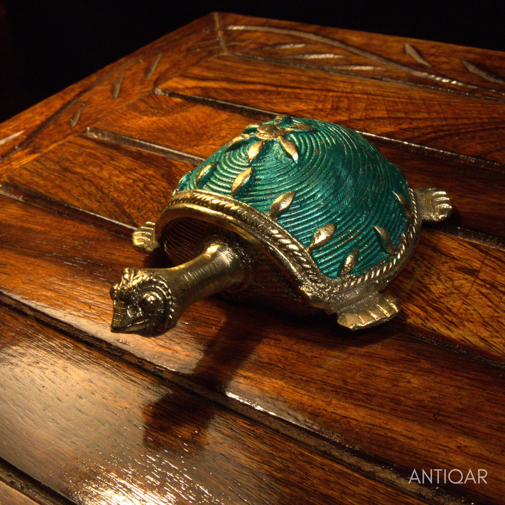 Dhokra Art Brass Turtle – 3 cm | Blue Antique Finish | Tribal Handcrafted Showpiece for Temple, Home & Table Decor