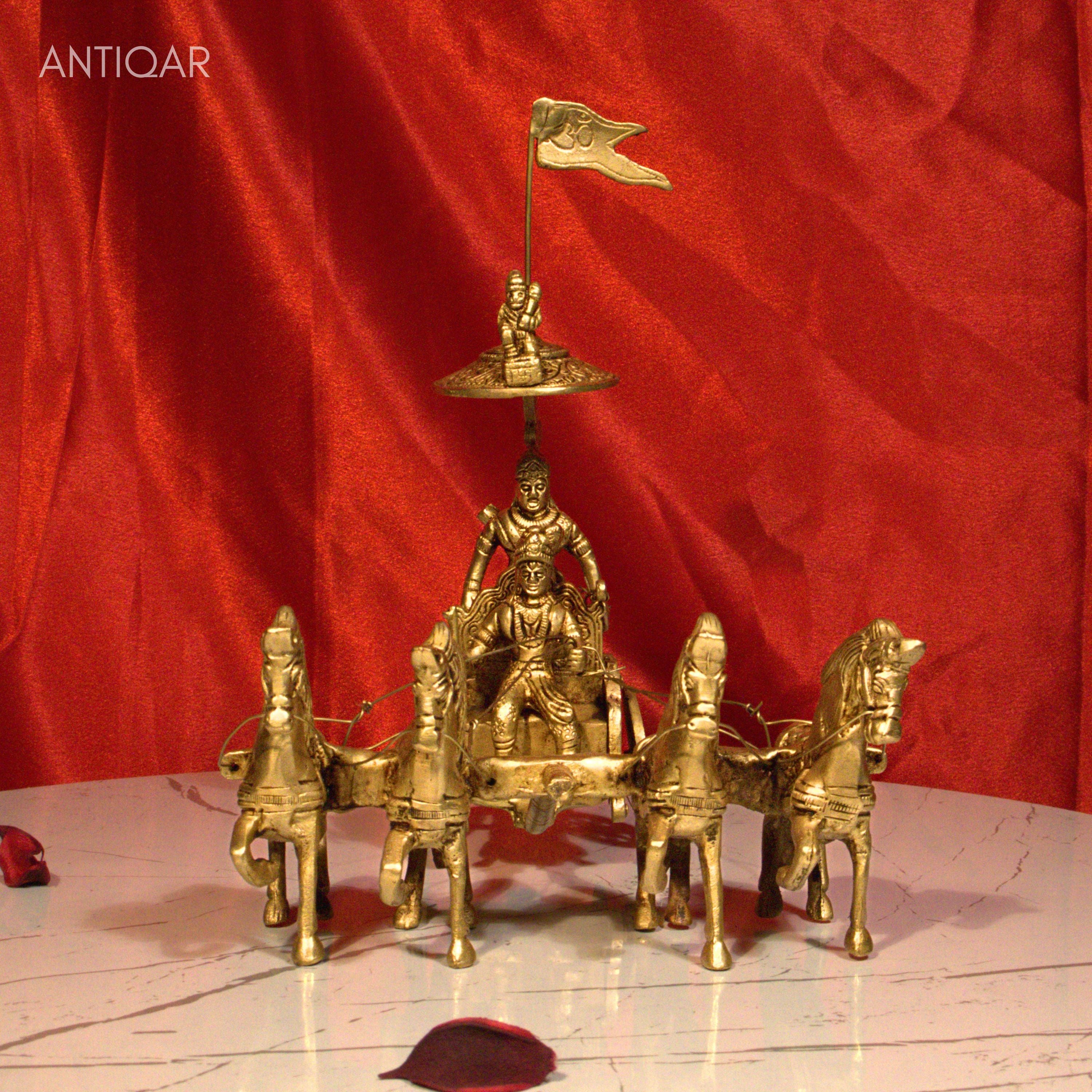 Brass Arjun Rath Showpiece – 24 cm | Antique Golden Finish | Handcrafted Spiritual Decor for Temple, Home & Table