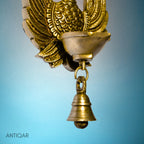 Brass Dancing Peacock Wall Hanging Diya – 23 cm | With One Bell & Intricate Carving | Antique Golden Finish | Handcrafted Decor for Temple, Home & Wall