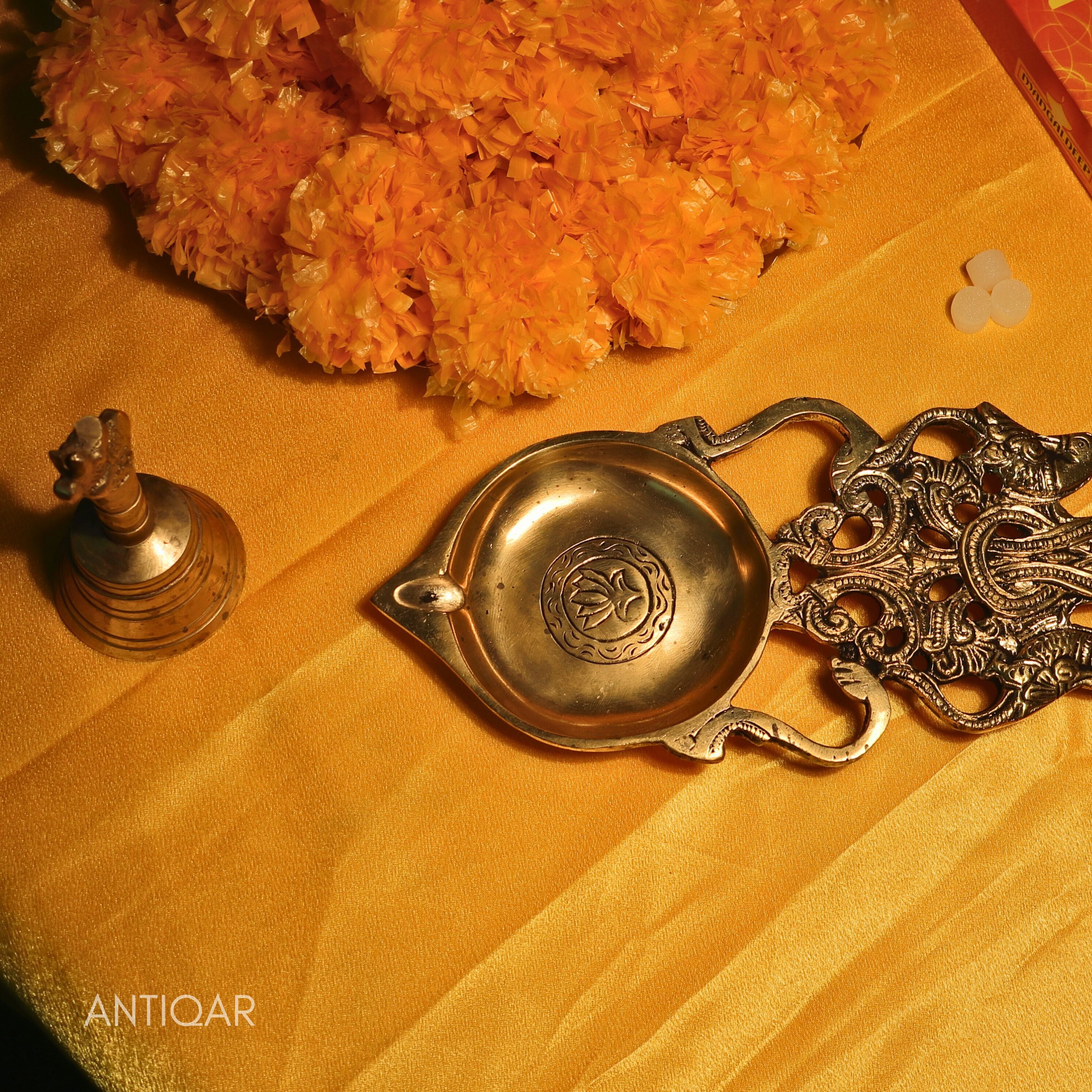 Brass Aarti Diya – 2.5 cm | Ethnic Lotus Design with Carved Holder | Black Antique Finish | Handcrafted for Temple & Home Decor