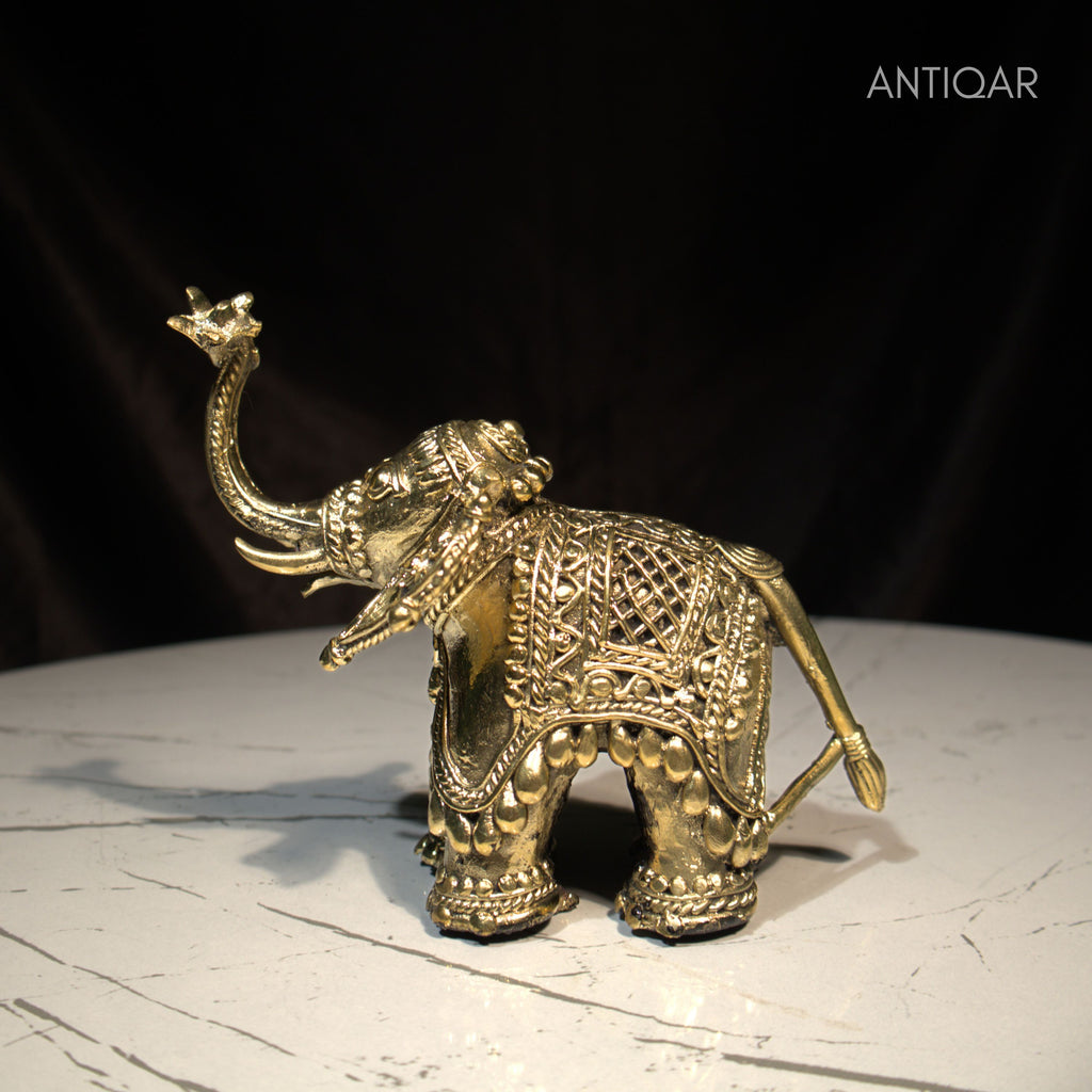 Dhokra Art Brass Laxmi Elephant – 12.5 cm | Antique Finish Tribal Handcrafted Showpiece for Temple, Home & Table Decor