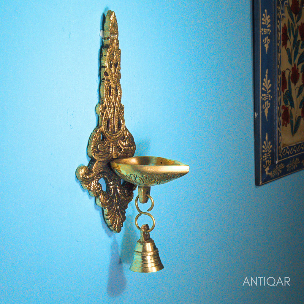 Brass Wall Hanging Diya – 24.5 cm | With One Bell | Black Antique Finish | Handcrafted Spiritual Decor for Temple, Home & Wall