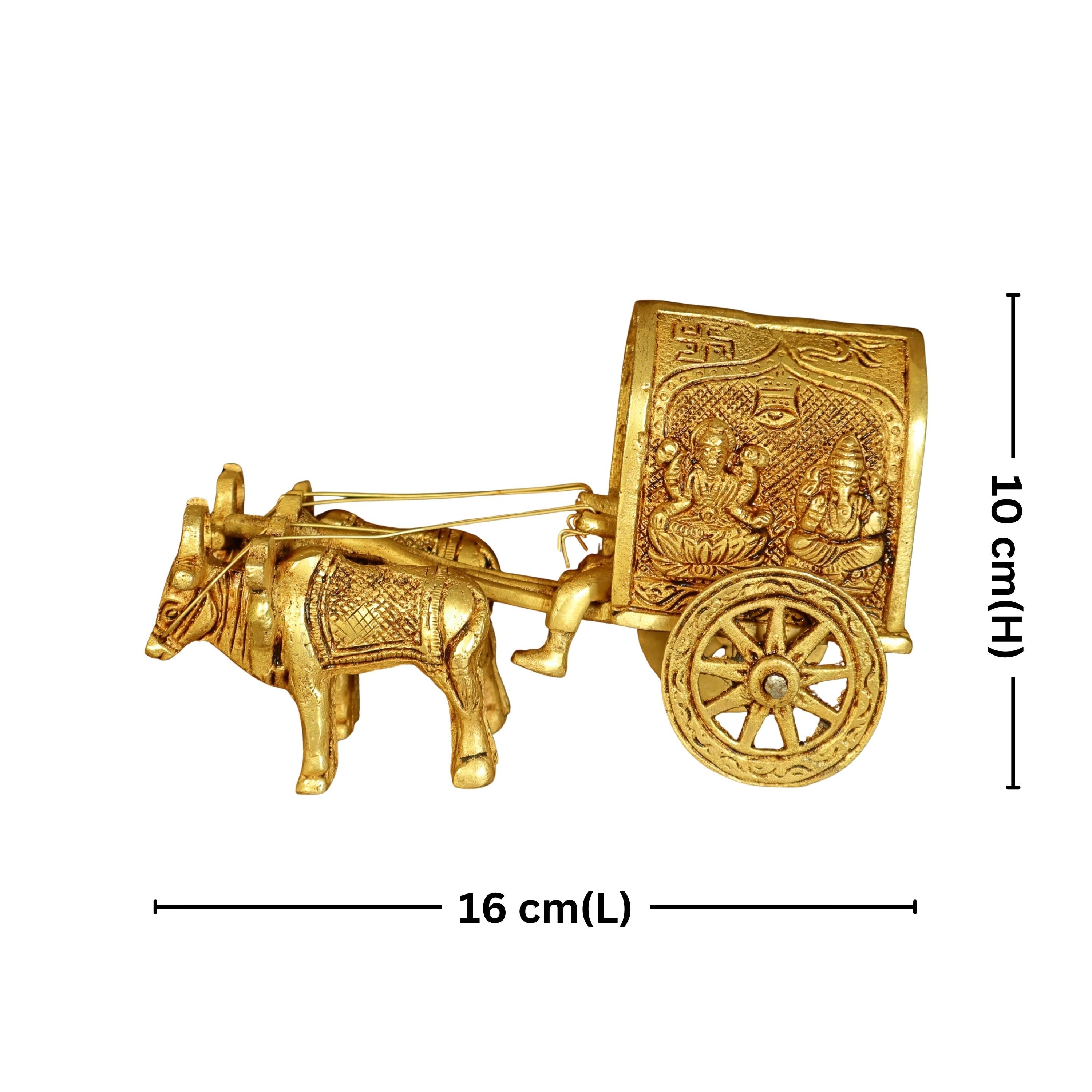Brass Bullock Cart Showpiece – 10 cm | With Lakshmi & Ganesh Carving on Sides | Antique Golden Finish | Handcrafted Decor for Temple, Home & Festival Use
