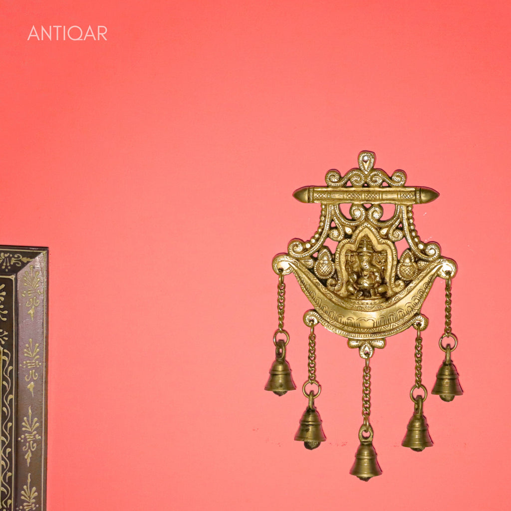 Brass Ganesha Wall Hanging – 32 cm | With Five Bells & Carved Background | Antique Golden Finish | Handcrafted Showpiece for Temple, Home & Wall Decor