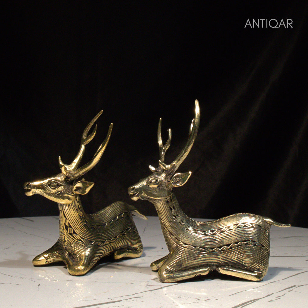 Dhokra Art Brass Deer Pair – 10 cm | Brown Antique Finish | Sitting Pose Tribal Handcrafted Showpiece for Home, Temple & Table Decor