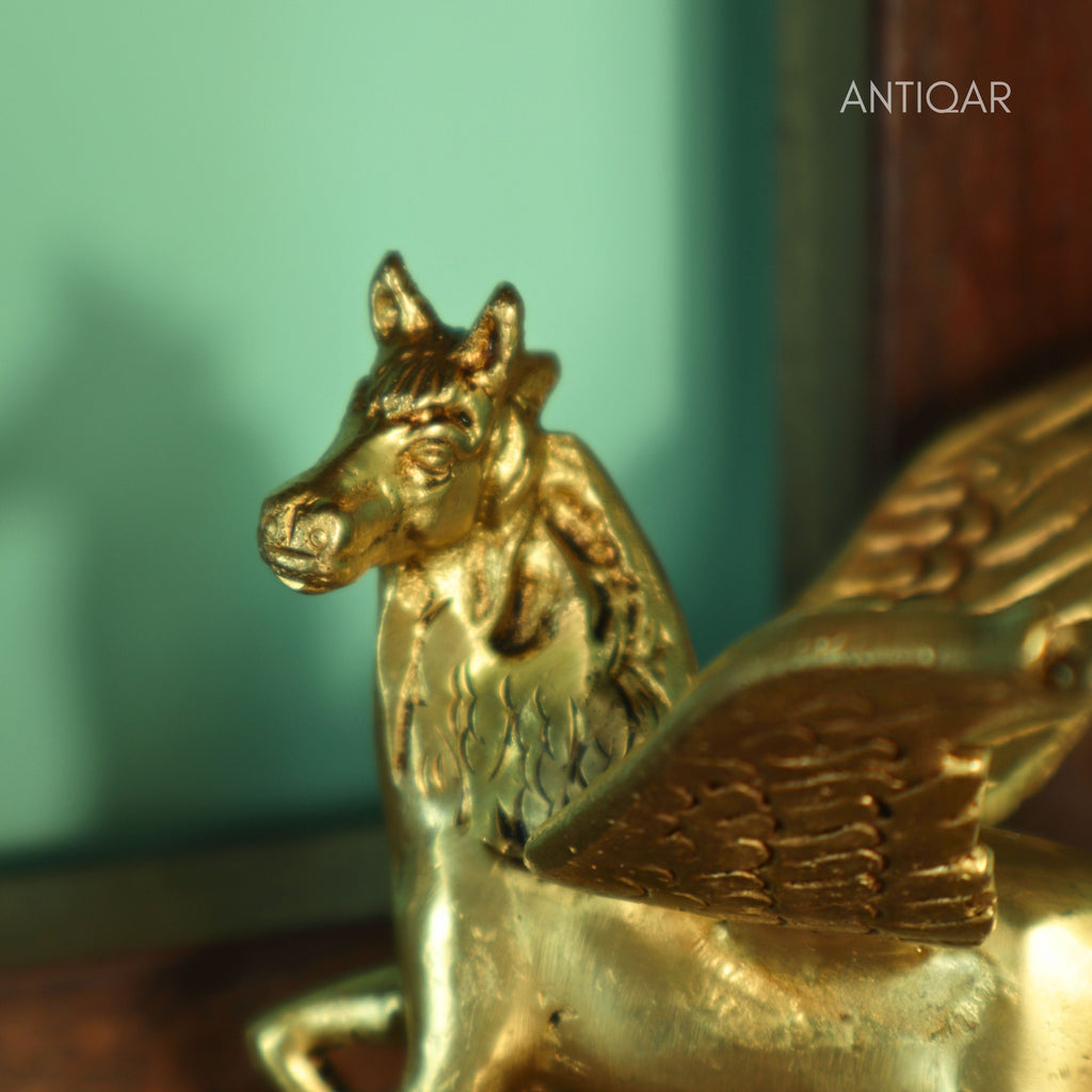 Brass Flying Horse Showpiece – 9.5 cm | Antique Golden Finish | Handcrafted Figurine for Home & Table Decor