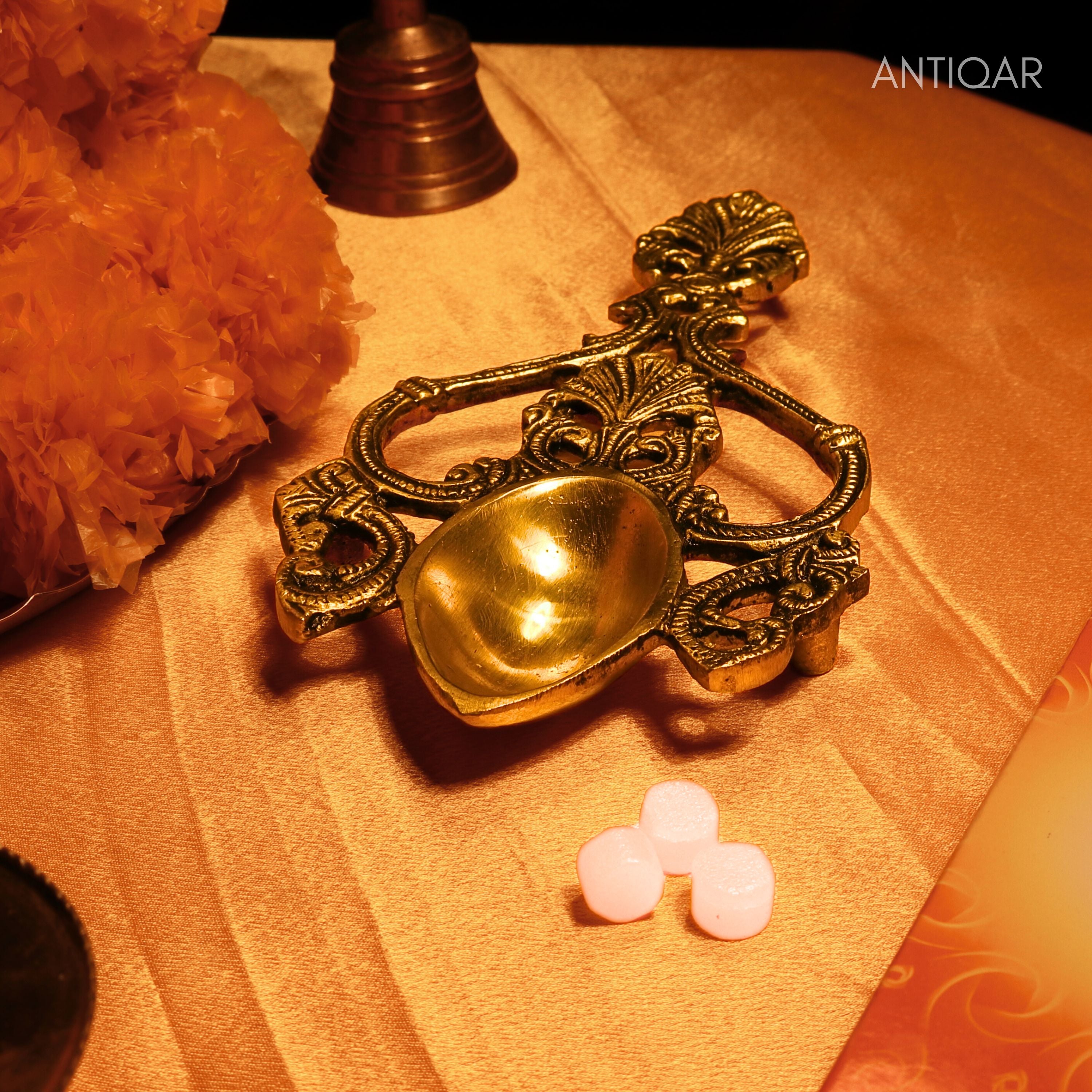 "Brass Aarti Diya – 2.5 cm | With Designer Handle | Black Antique Finish | Handcrafted Pooja Decor for Temple, Home & Festival Use  "