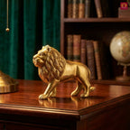 Brass Lion Showpiece – 8 cm | Walking Pose in Antique Golden Finish | Handcrafted Decor for Temple, Home & Table