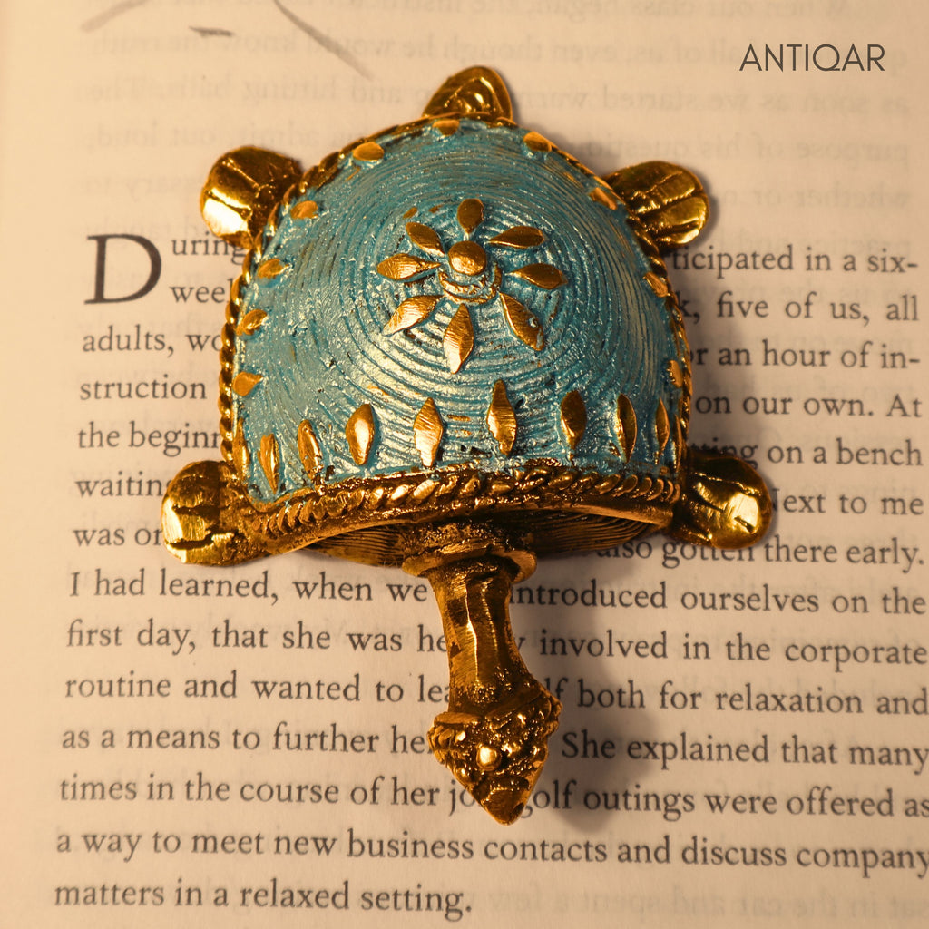 Dhokra Art Brass Turtle – 3 cm | Sky Blue Antique Finish | Tribal Handcrafted Showpiece for Temple, Home & Table Decor