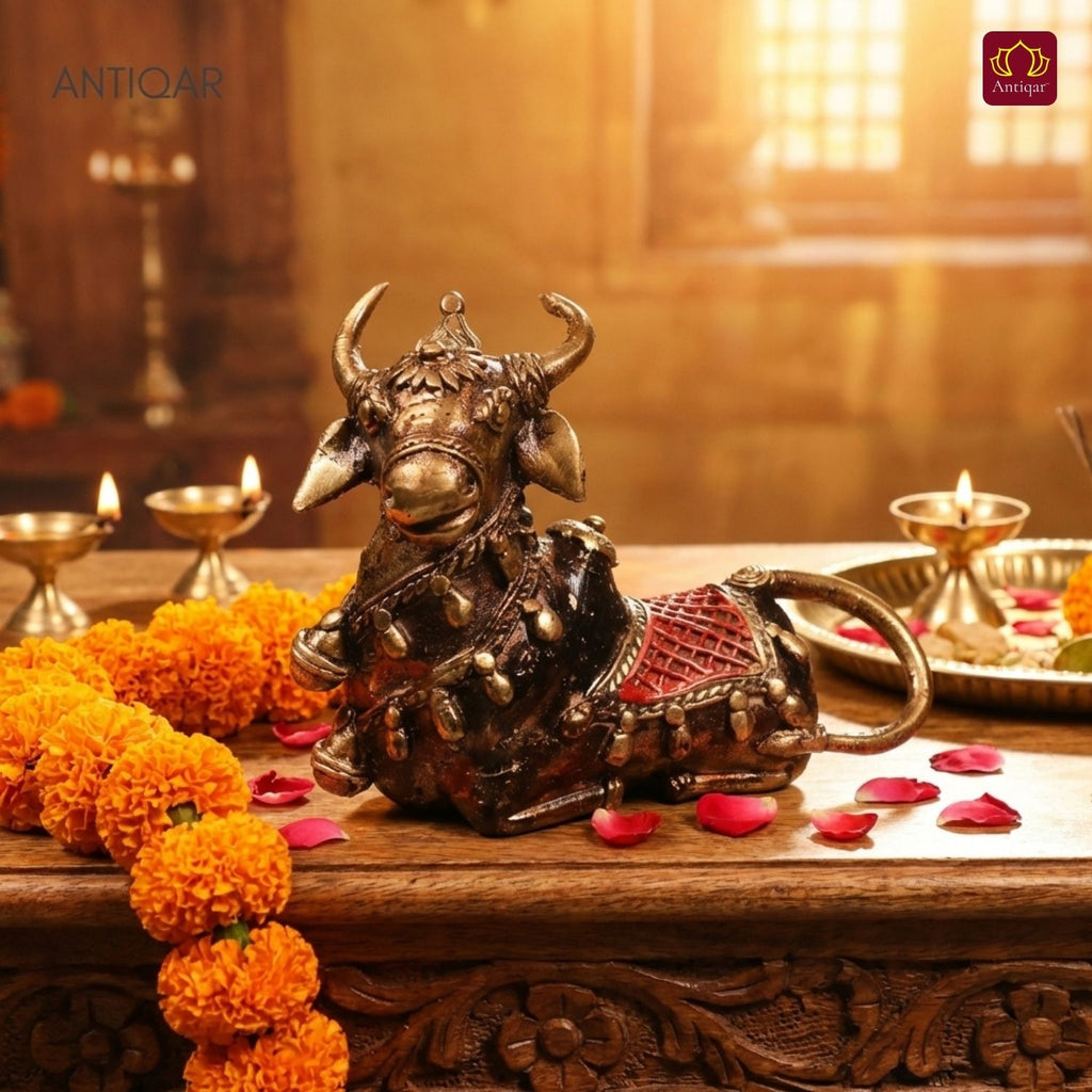 Dhokra Art Brass Nandi – 11 cm | Sitting Position with Brown & Red Antique Finish | Tribal Handcrafted Showpiece for Temple, Home & Table Decor