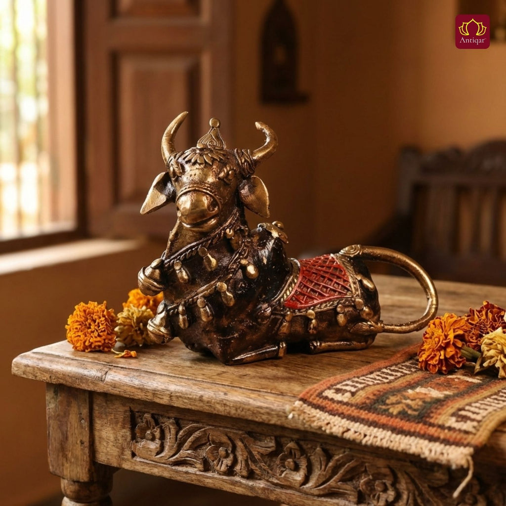 Dhokra Art Brass Nandi – 11 cm | Sitting Position with Brown & Red Antique Finish | Tribal Handcrafted Showpiece for Temple, Home & Table Decor