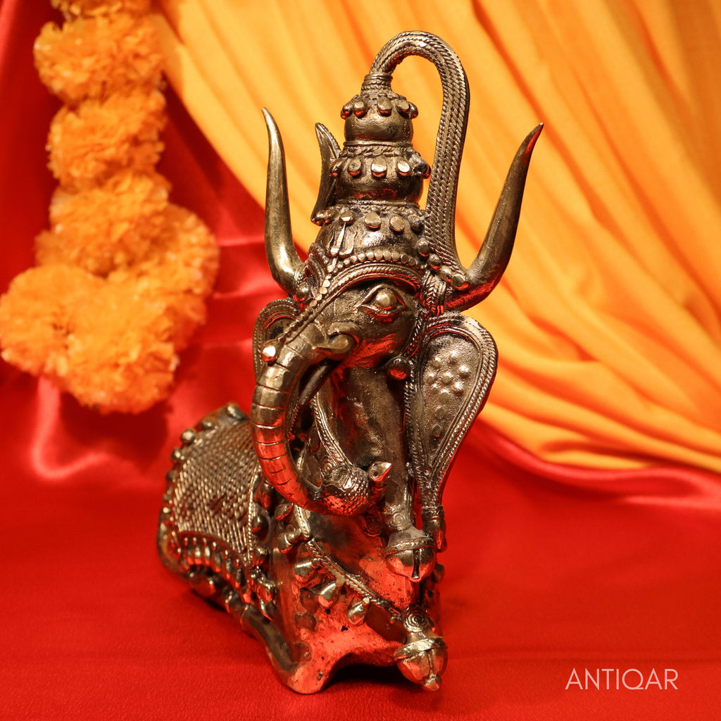 "Dhokra Art Brass Nandi – 32 cm | Standing Pose with Ganesha Face & Trishul on Head | Antique Finish Tribal Handcrafted Showpiece for Temple, Home & Table Decor  "