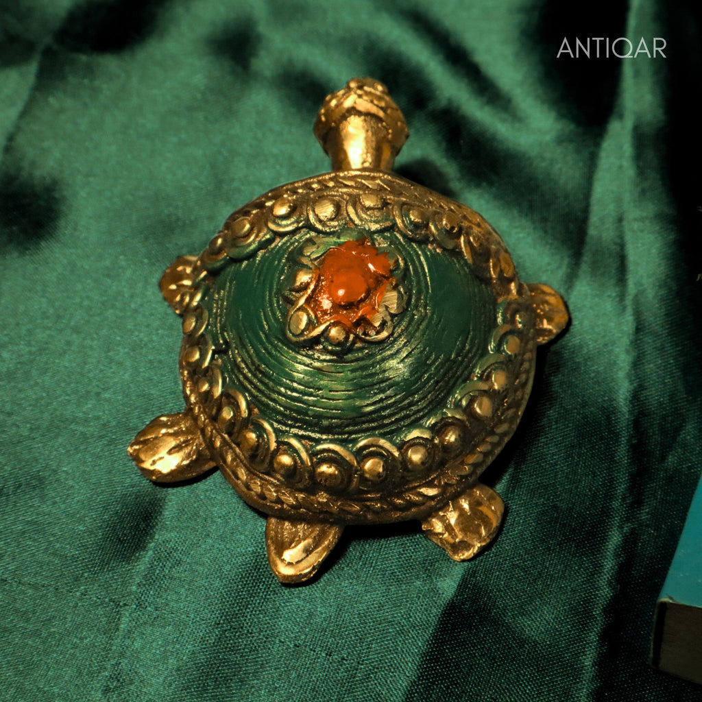 Dhokra Art Brass Turtle – 3 cm | Green Antique Finish | Tribal Handcrafted Showpiece for Temple, Home & Table Decor
