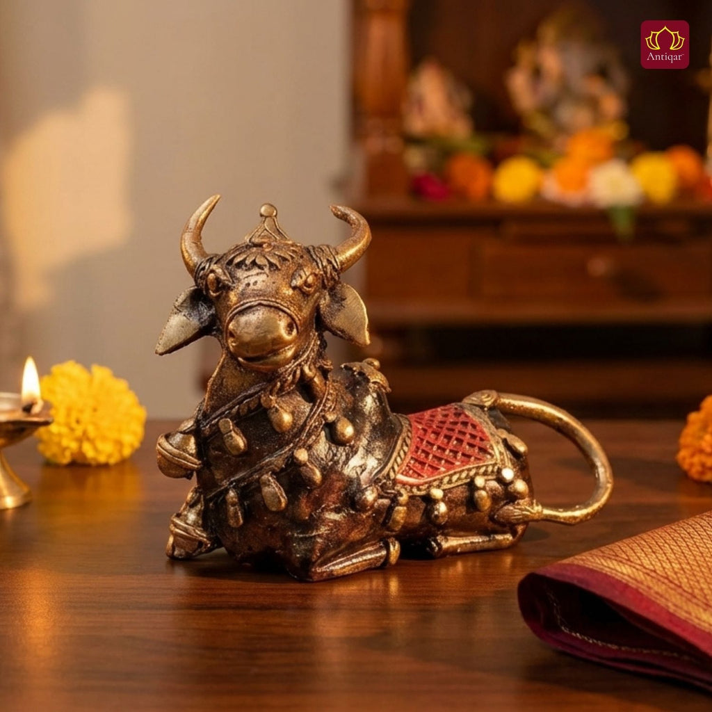 Dhokra Art Brass Nandi – 11 cm | Sitting Position with Brown & Red Antique Finish | Tribal Handcrafted Showpiece for Temple, Home & Table Decor