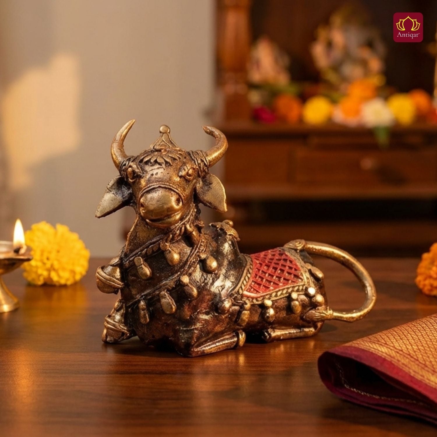Dhokra Art Brass Nandi – 11 cm | Sitting Position with Brown & Red Antique Finish | Tribal Handcrafted Showpiece for Temple, Home & Table Decor