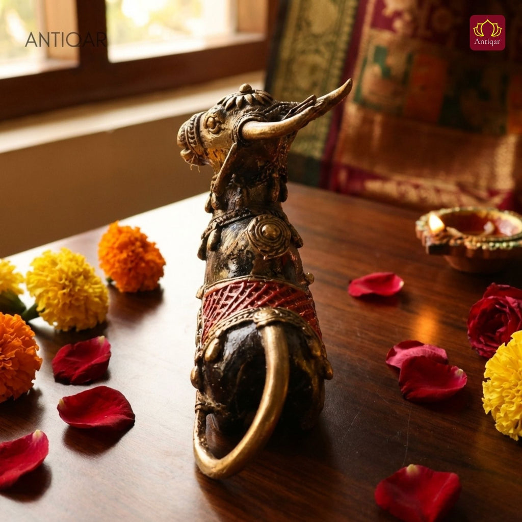 Dhokra Art Brass Nandi – 11 cm | Sitting Position with Brown & Red Antique Finish | Tribal Handcrafted Showpiece for Temple, Home & Table Decor