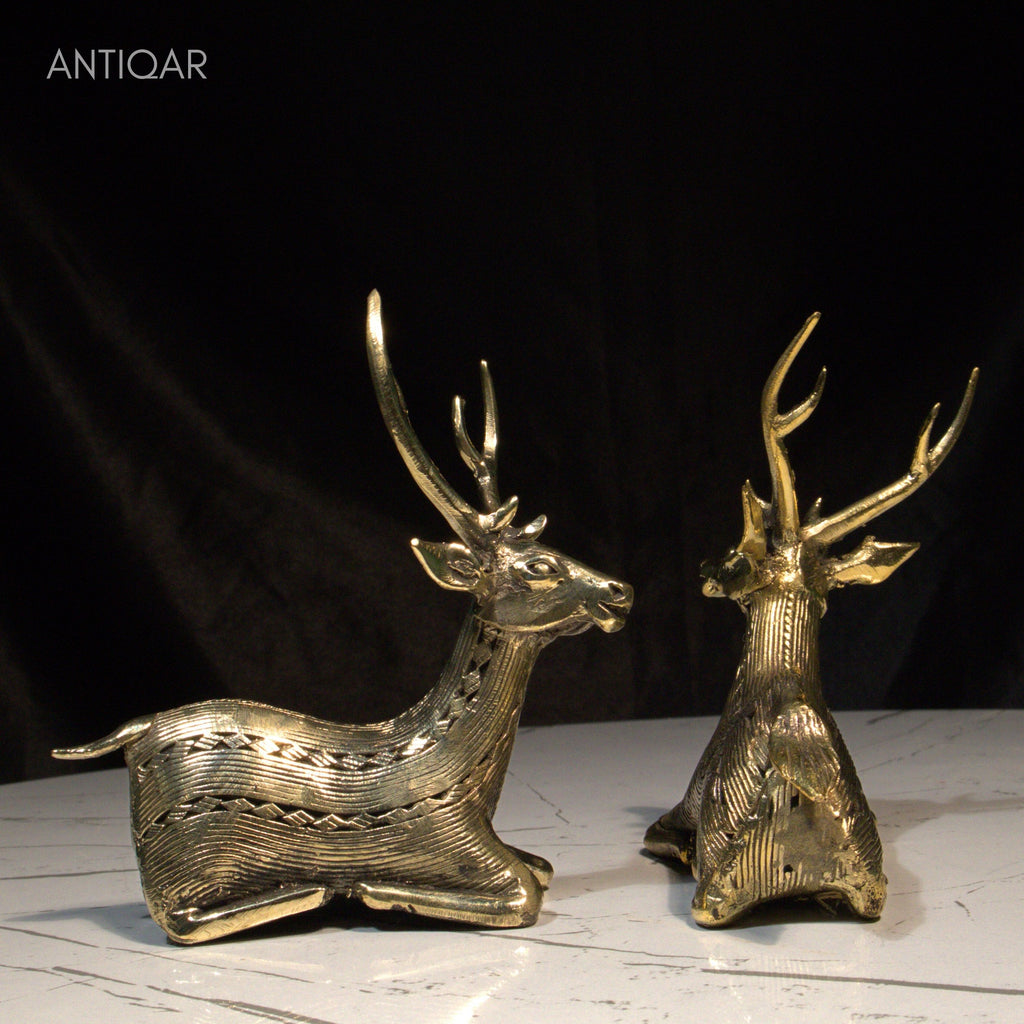 Dhokra Art Brass Deer Pair – 10 cm | Brown Antique Finish | Sitting Pose Tribal Handcrafted Showpiece for Home, Temple & Table Decor