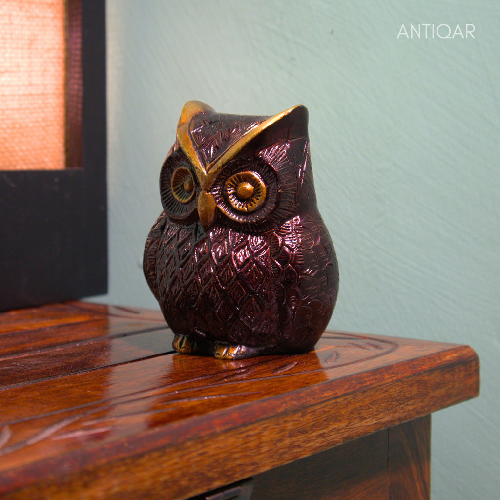 Brass Owl Figurine – 7 cm | Brown Antique Finish | Handcrafted Showpiece for Home, Temple & Table Decor