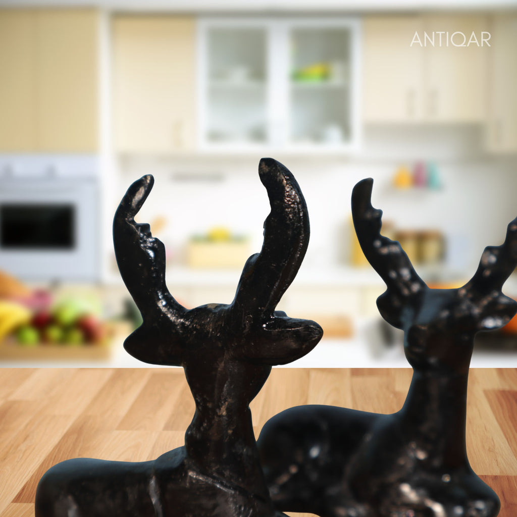 Brass Black Deer Pair Showpiece – 6 cm | Handcrafted Decorative Figurines for Temple, Home & Car Dashboard