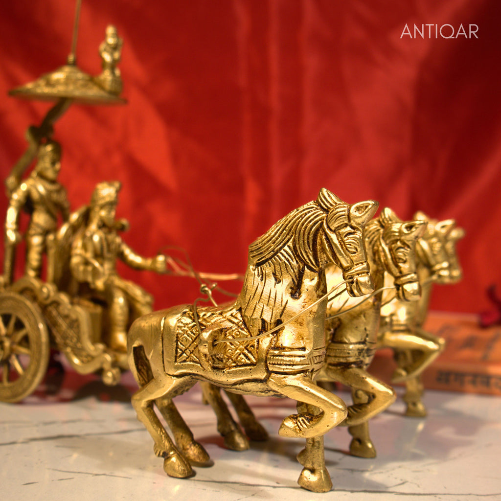 Brass Arjun Rath Showpiece – 24 cm | Antique Golden Finish | Handcrafted Spiritual Decor for Temple, Home & Table