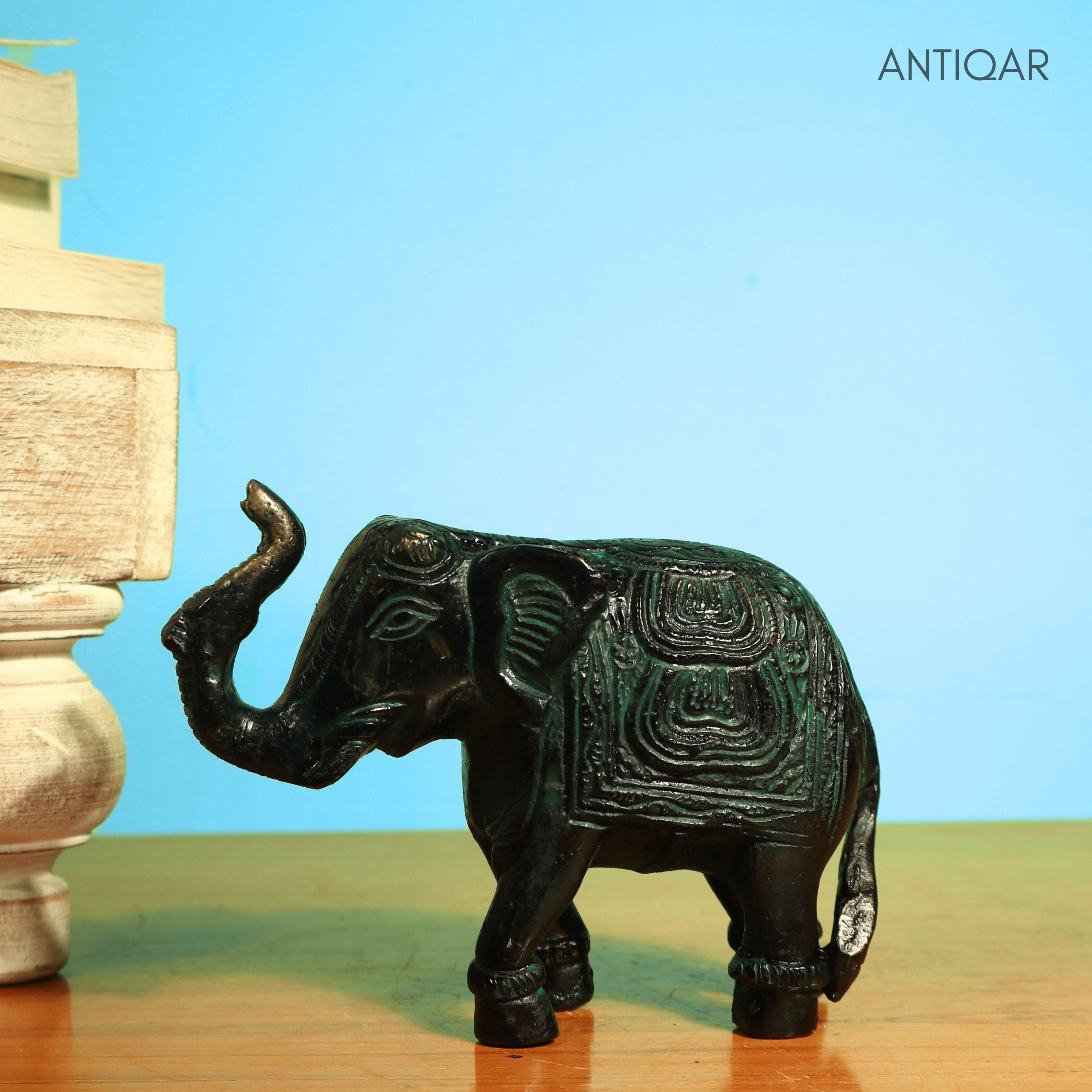 Brass Elephant Showpiece – 9 cm | Walking Pose with Upward Trunk & Carved Body | Black Green Patina Finish | Handcrafted Decor for Temple, Home & Table