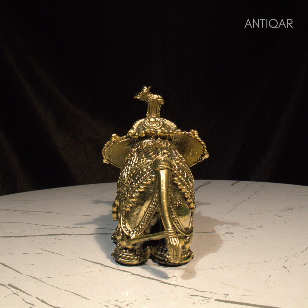 Dhokra Art Brass Laxmi Elephant – 12.5 cm | Antique Finish Tribal Handcrafted Showpiece for Temple, Home & Table Decor