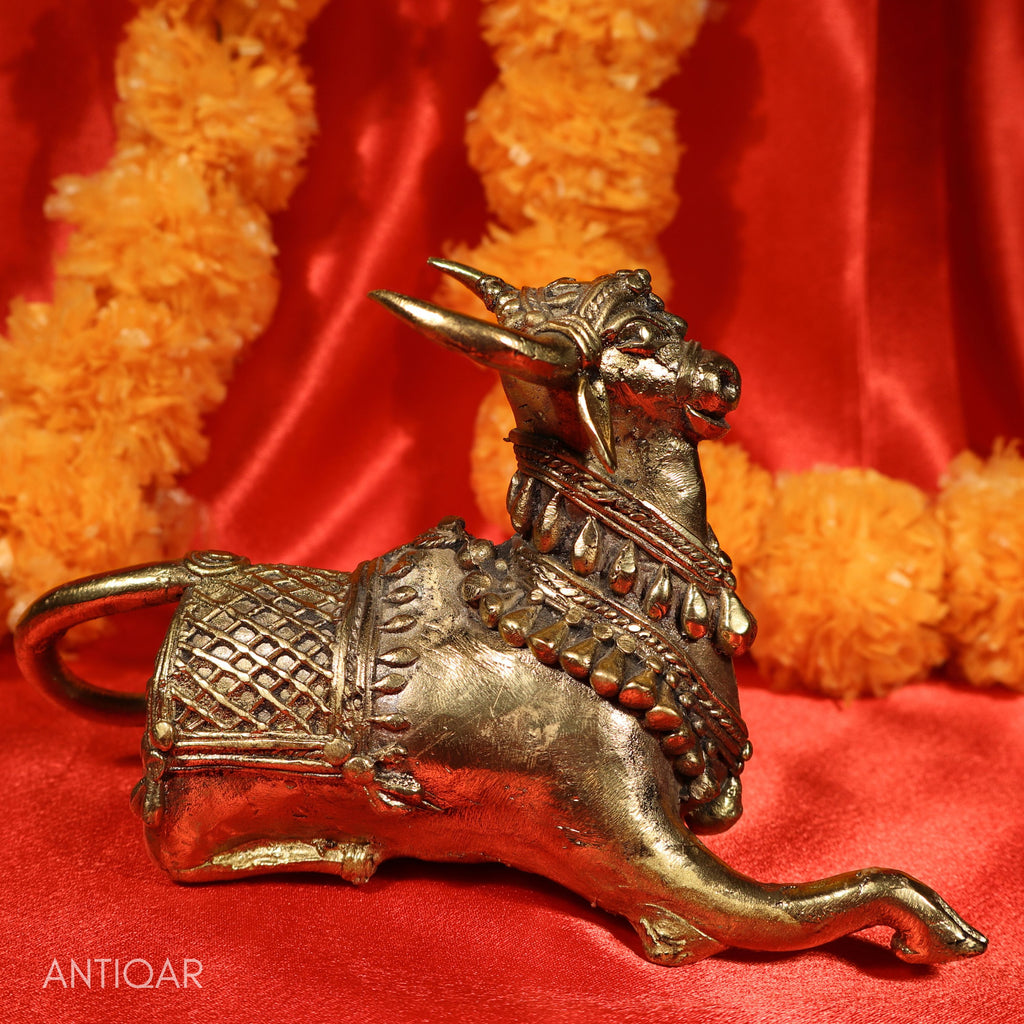 Dhokra Art Brass Nandi – 12 cm | Sitting Position in Antique Finish | Tribal Handcrafted Showpiece for Temple, Home & Table Decor