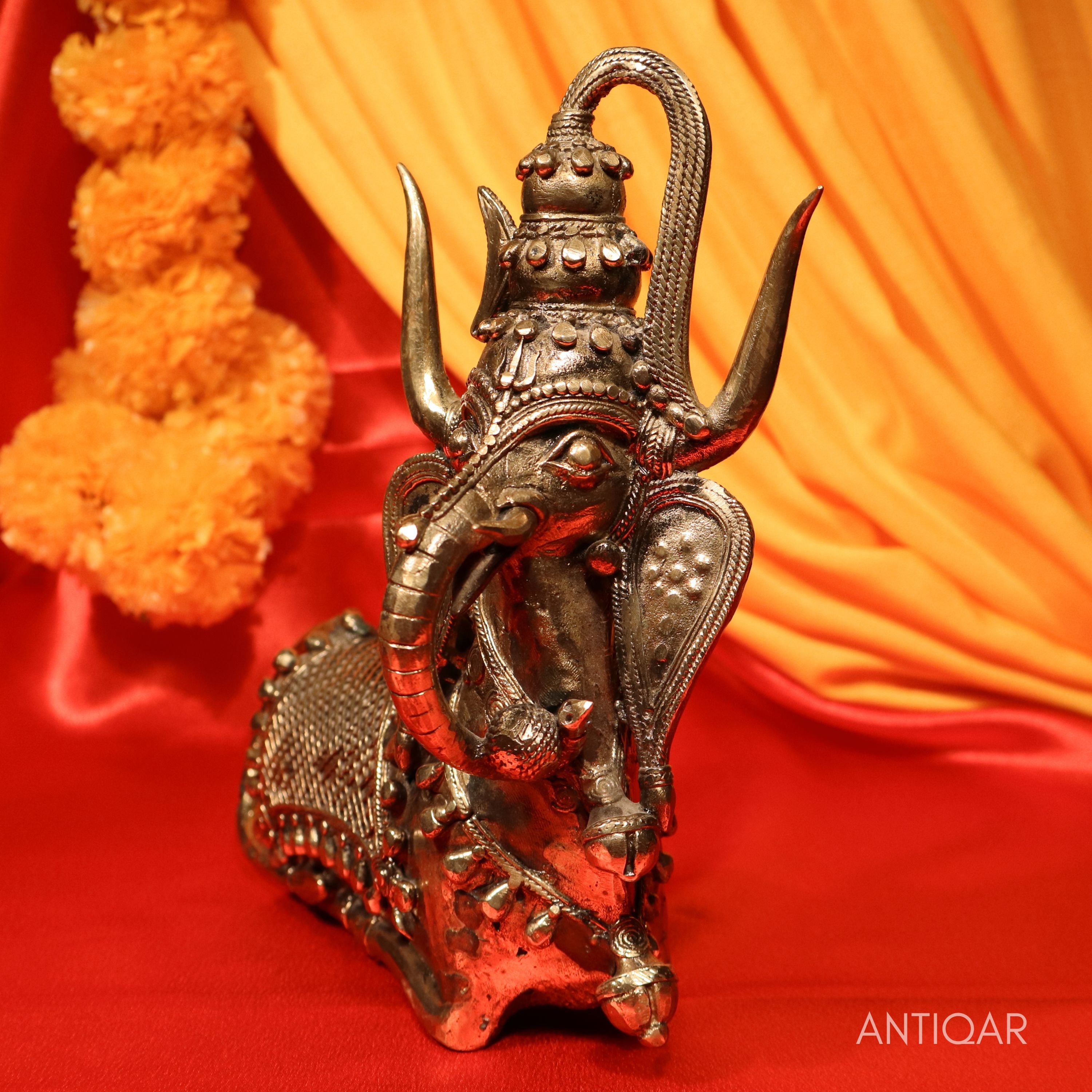 Dhokra Art Brass Nandi – 22 cm | Sitting Pose with Ganesha Face & Trishul on Head | Antique Finish Tribal Handcrafted Showpiece for Temple, Home & Table Decor