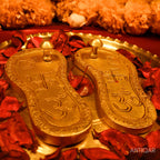 Brass Charan Paduka – 4 cm | With Om & Swastik Carving | Antique Golden Finish | Handcrafted Spiritual Symbol for Temple & Home Decor