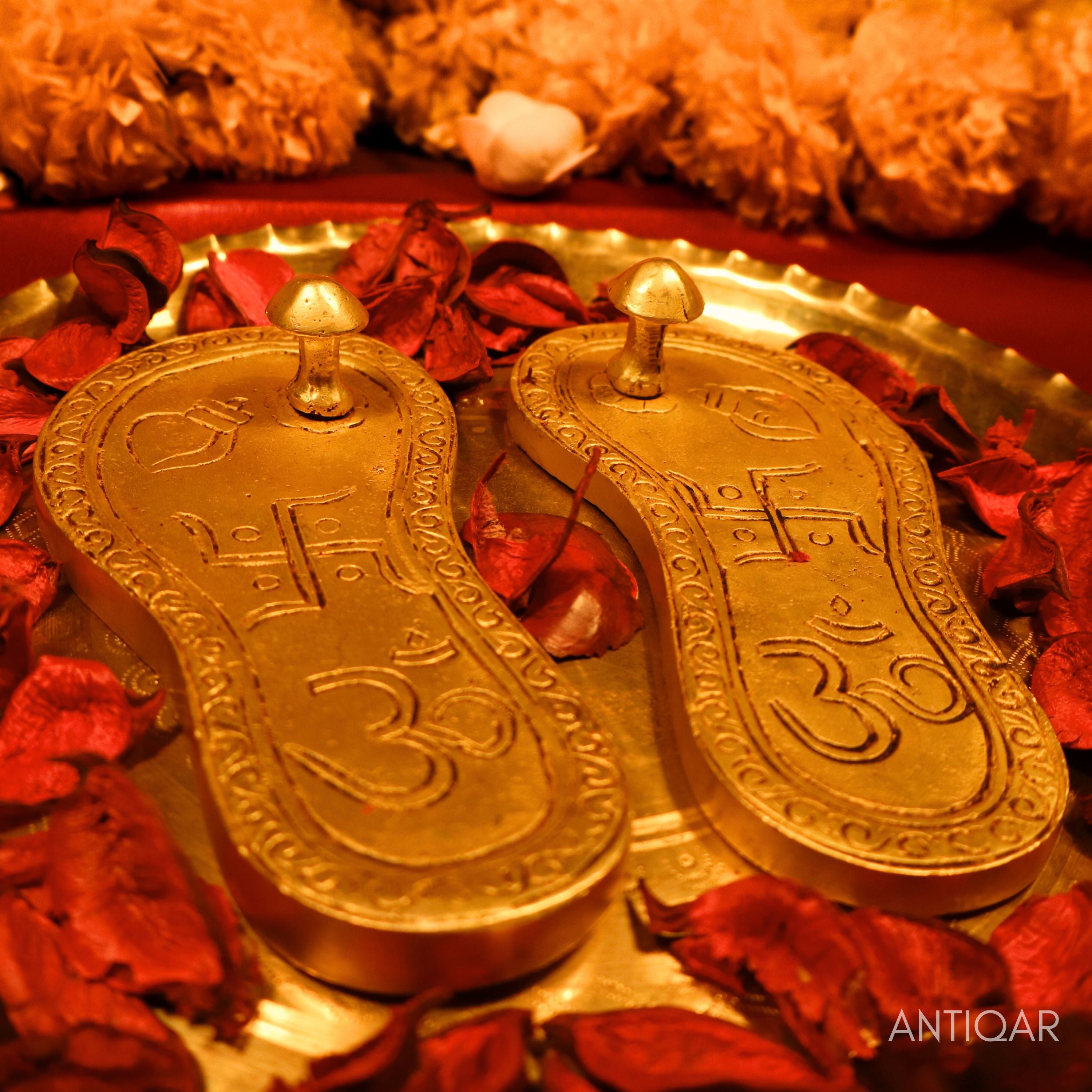 Brass Charan Paduka – 4 cm | With Om & Swastik Carving | Antique Golden Finish | Handcrafted Spiritual Symbol for Temple & Home Decor