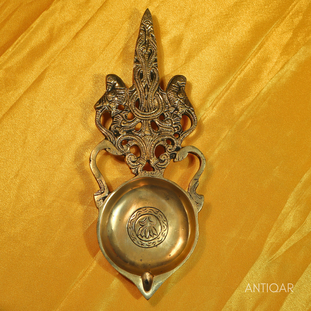 Brass Aarti Diya – 2.5 cm | Ethnic Lotus Design with Carved Holder | Black Antique Finish | Handcrafted for Temple & Home Decor