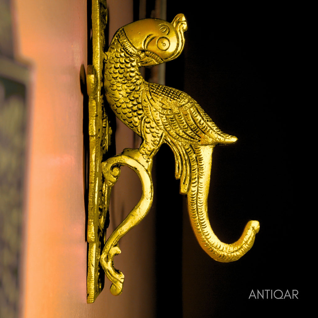 Brass Parrot Wall Hanging – 24 cm | Ethnic Design in Antique Golden Finish | Handcrafted Decor for Temple, Home & Wall
