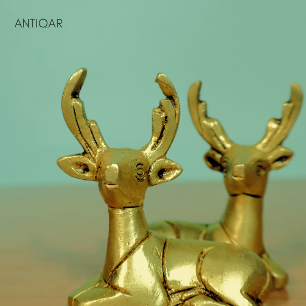 Brass Deer Showpiece Pair – 6 cm | Sitting Position with Antique Golden Finish | Handcrafted Decorative Figurines for Temple, Home & Car Dashboard