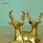 Brass Deer Showpiece Pair – 6 cm | Sitting Position with Antique Golden Finish | Handcrafted Decorative Figurines for Temple, Home & Car Dashboard
