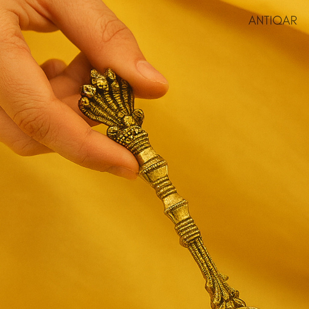 Brass Hawan Spoon – 2.5 cm | Sheshnaag Handle Design | Black Antique Finish | Handcrafted for Pooja, Temple & Festival Decor
