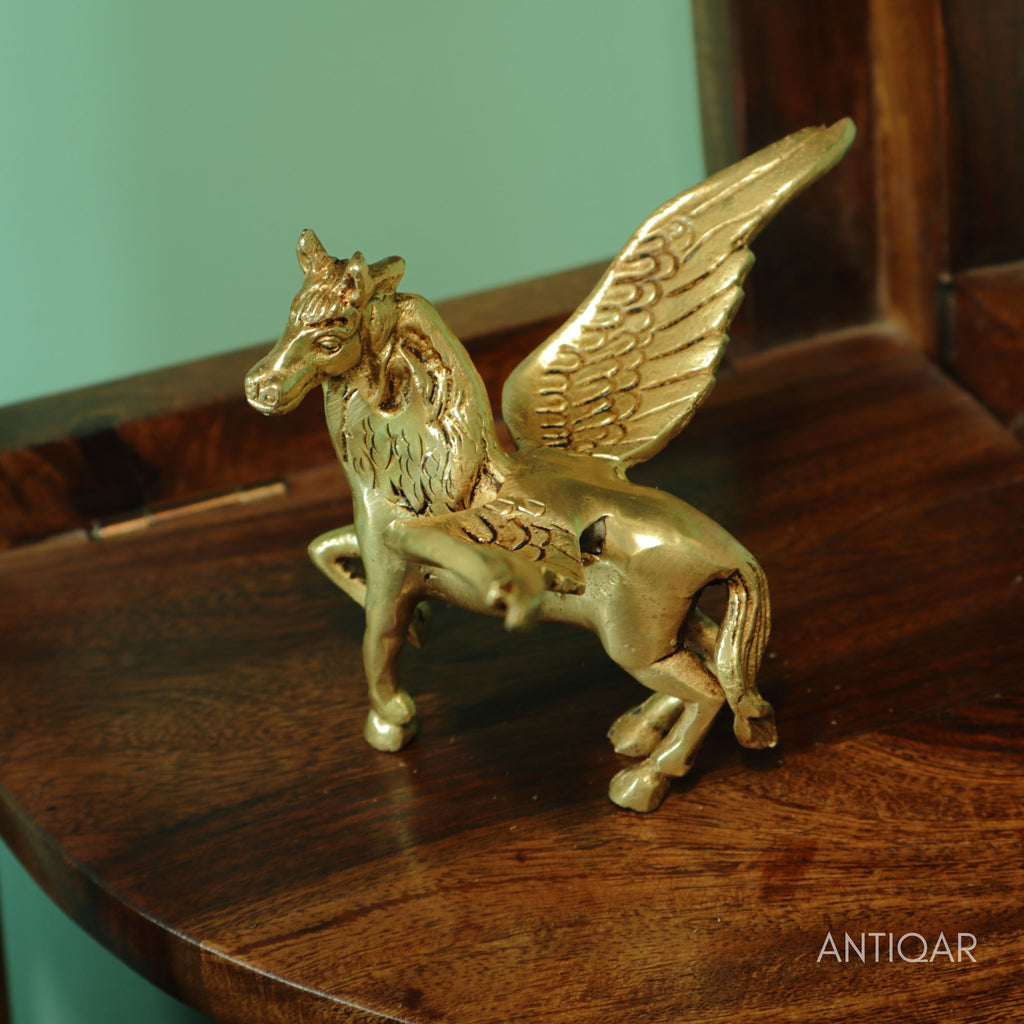 Brass Flying Horse Showpiece – 9.5 cm | Antique Golden Finish | Handcrafted Figurine for Home & Table Decor