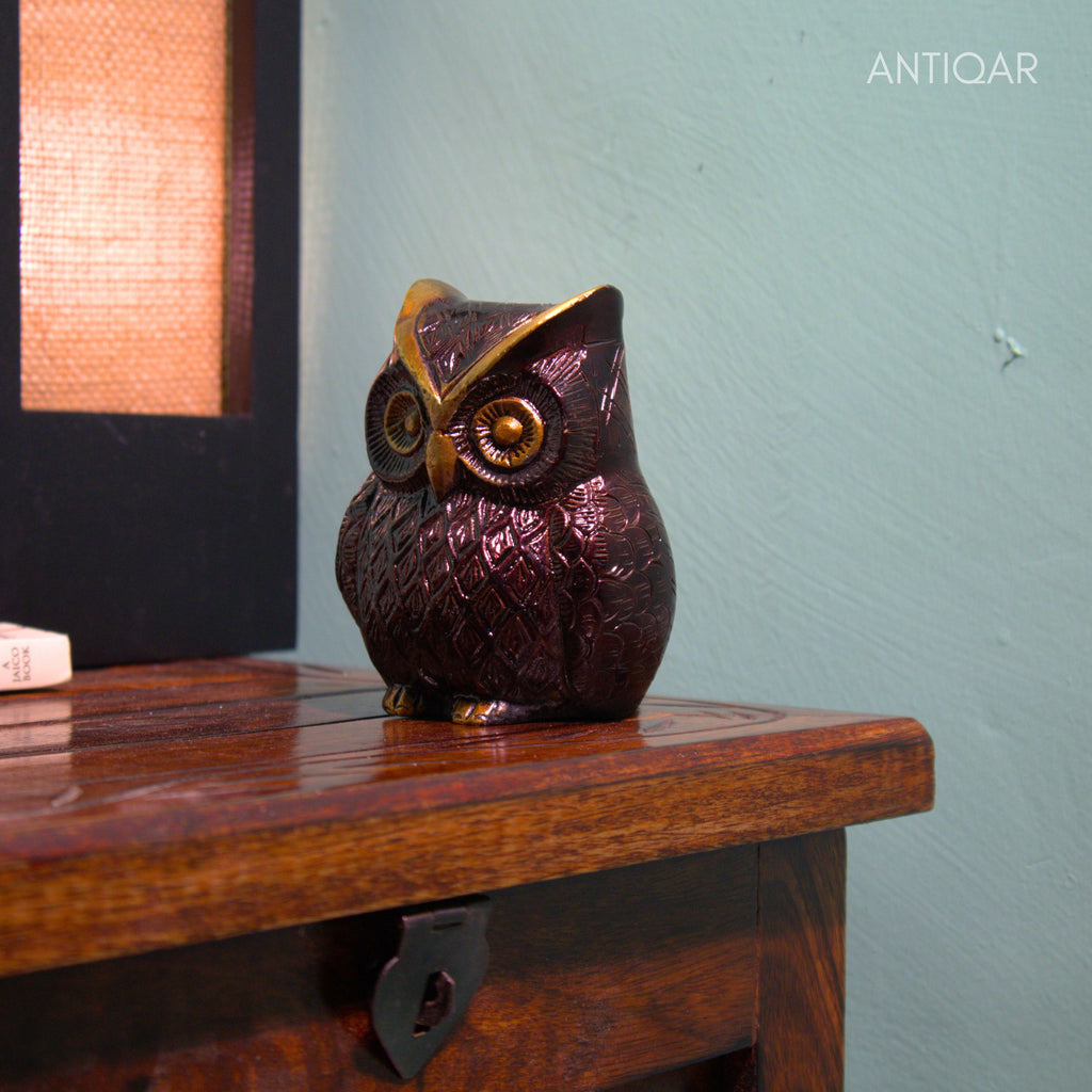 Brass Owl Figurine – 7 cm | Brown Antique Finish | Handcrafted Showpiece for Home, Temple & Table Decor